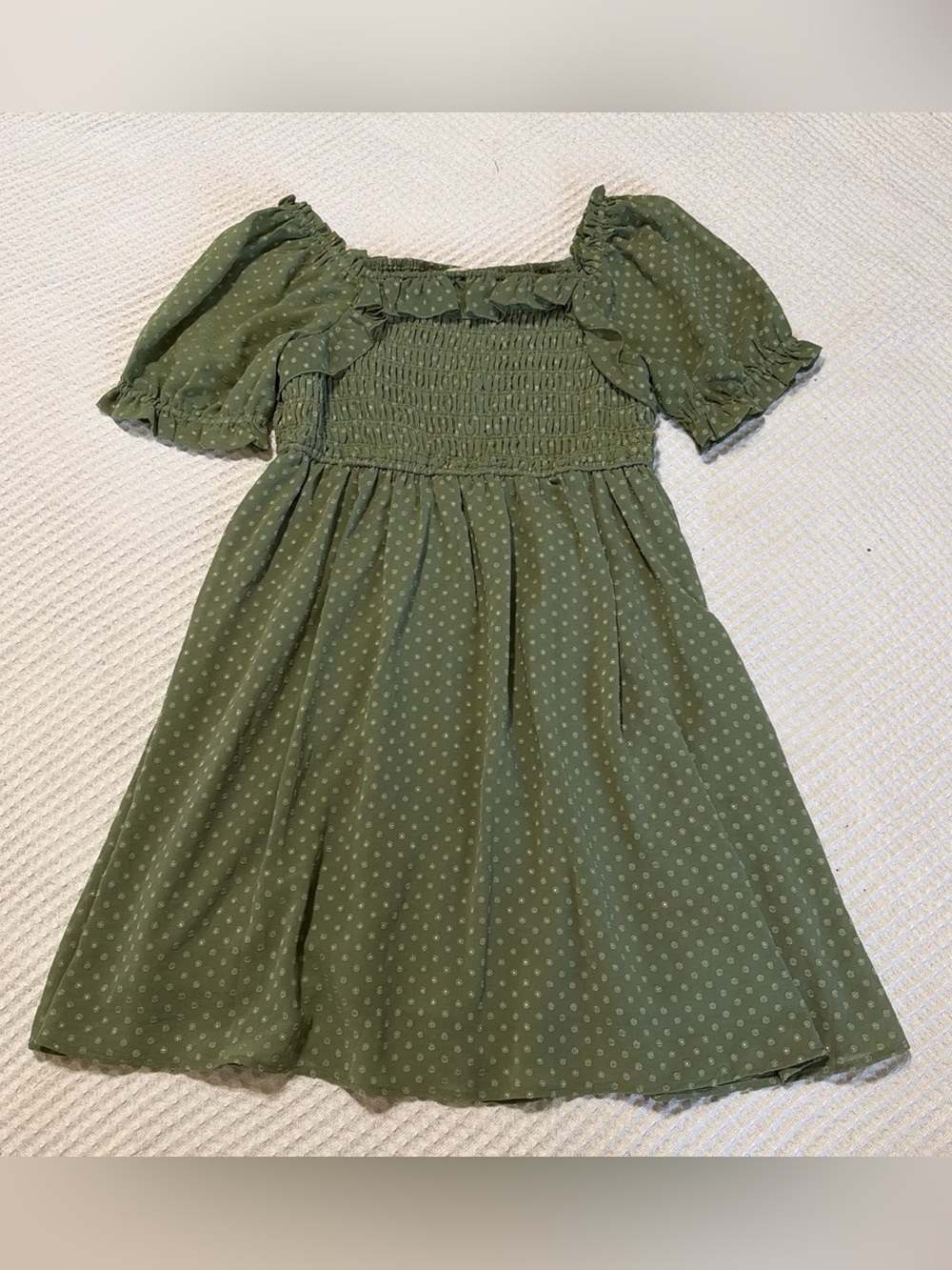 Green Smocked Puff Sleeve Dress